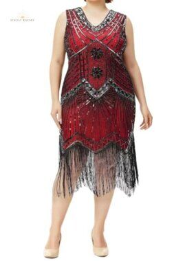 Plus Size Flapper Dress Fringe Sequin V-Neck Swing Party Costume